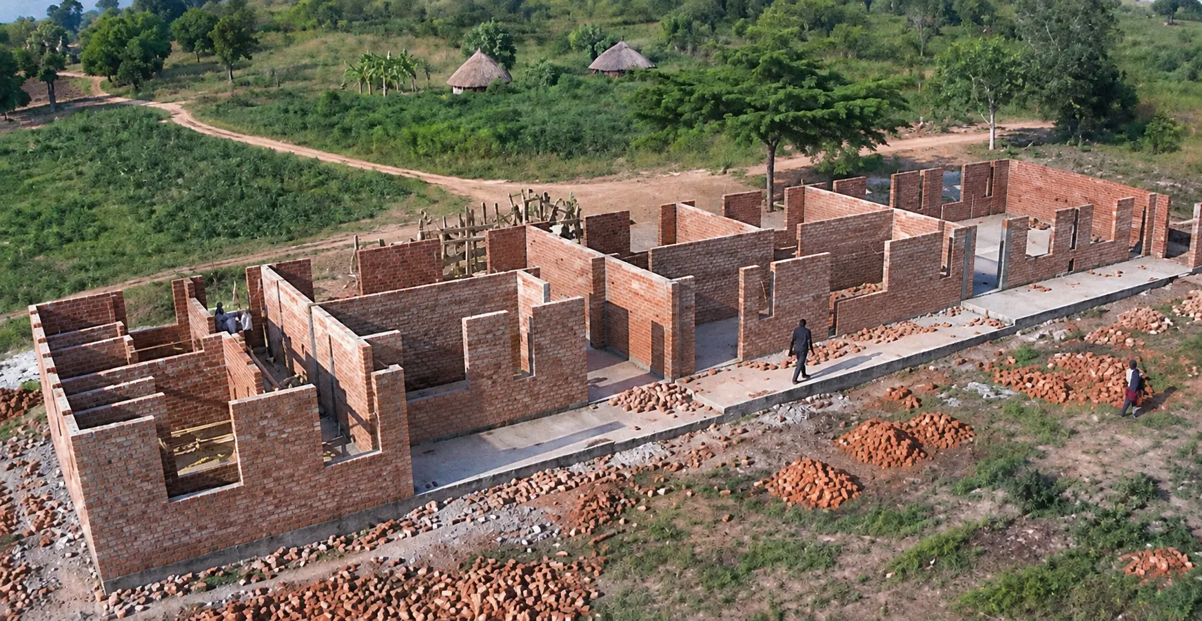 Aerial view of the completed room walls at Heritage House