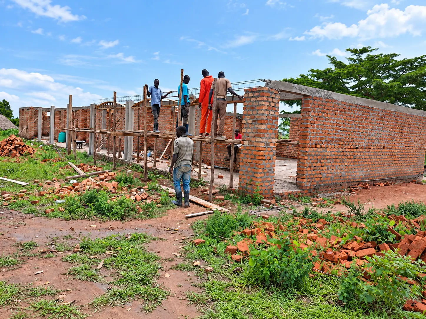Builders laying the brick walls of Heritage House